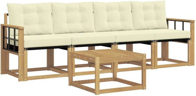 vidaXL Outdoor-Sofagarnitur 5-teilig aus Akazienholz mit Kissen in Weiß und Beige - Bild 1