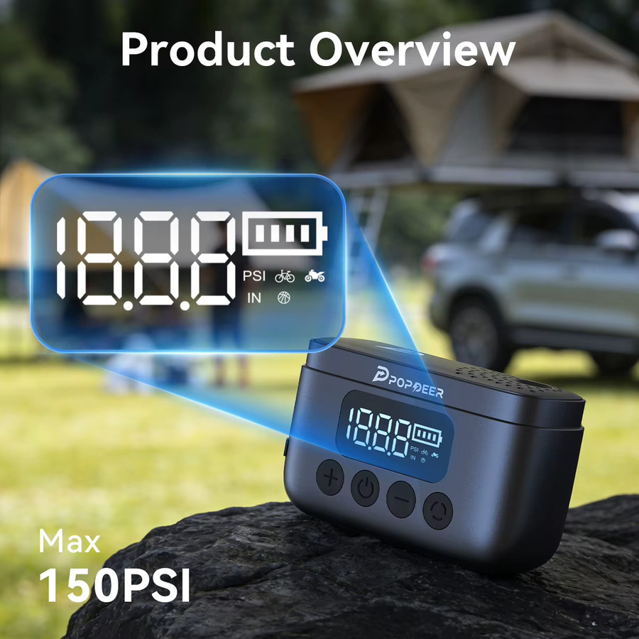 POPDEER P-T01 Mini Tragbare Elektrische Pumpe für Fahrrad und Motorrad, 150PSI, Schwarz, mit Presta- und Schrader-Ventil, 1000mAh Akku, Licht & LCD-Display - Bild 2