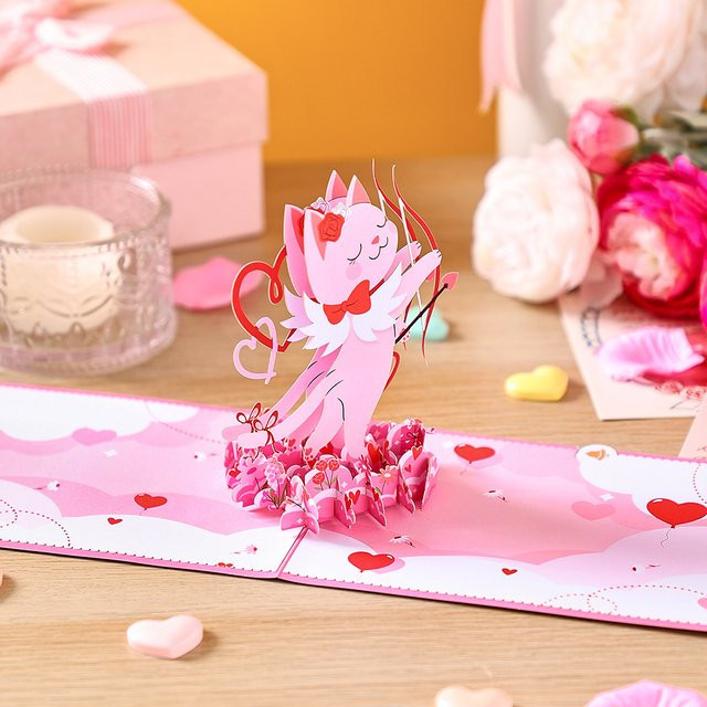 Opjoys Pop-up-Grußkarte mit Amor-Kätzchen-Motiv in Pink, 3D-Design für Valentinstag und Jubiläen - Bild 1