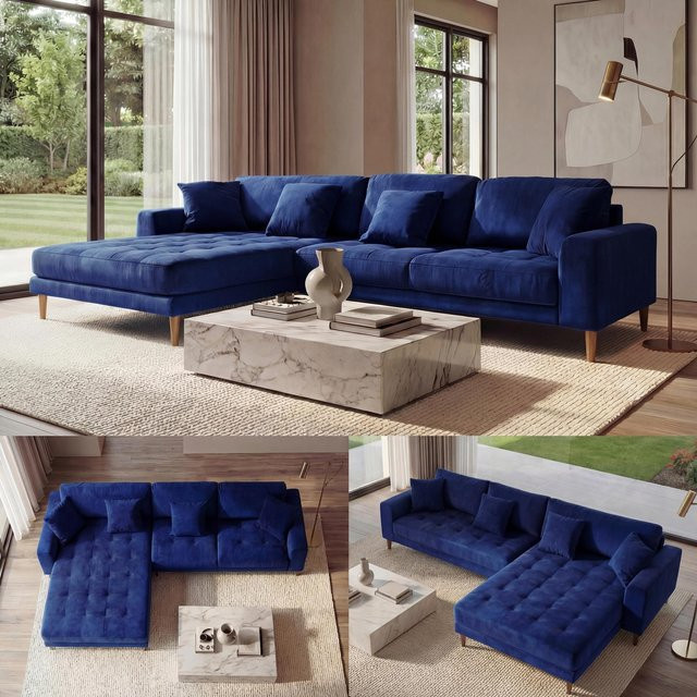Ecksofa MCW-J54 als 3-Sitzer in L-Form mit Samtbezug, blau, Breite: 295 cm - Bild 1