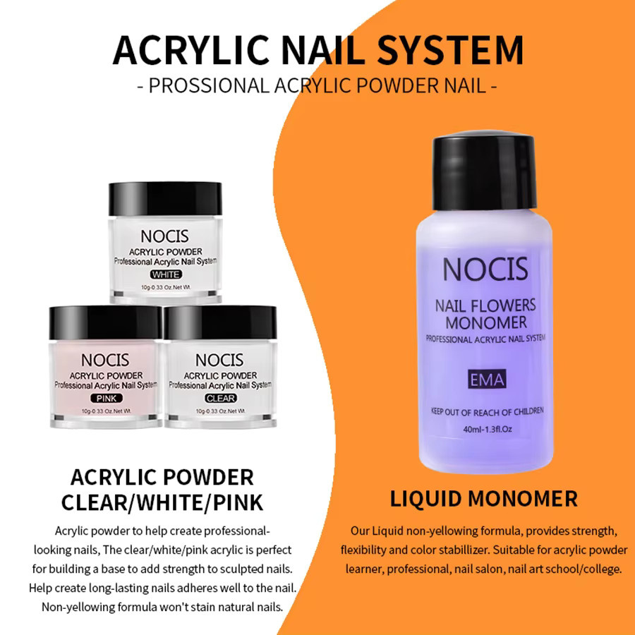 NOCIS Acryl-Nagelset, klares und rosafarbenes Acrylpulver, Nagelkunstwerkzeuge - Bild 4