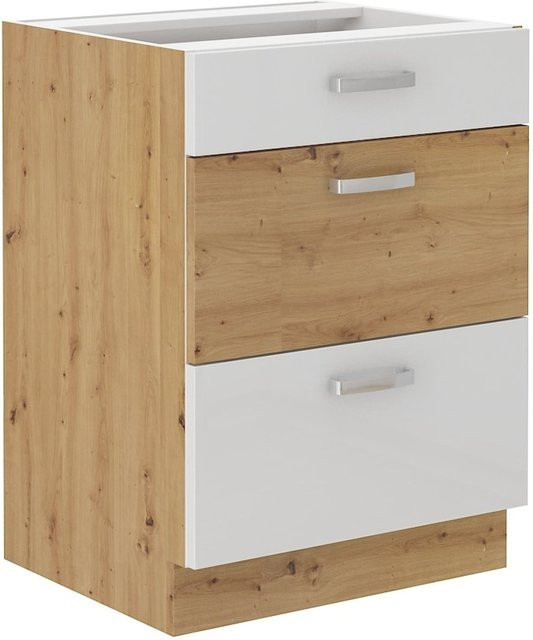 Küchen Unterschrank Eiche Artisan und Weiß Hochglanz mit Vollauszug und Soft-Close, Breite: 60 cm - Bild 1