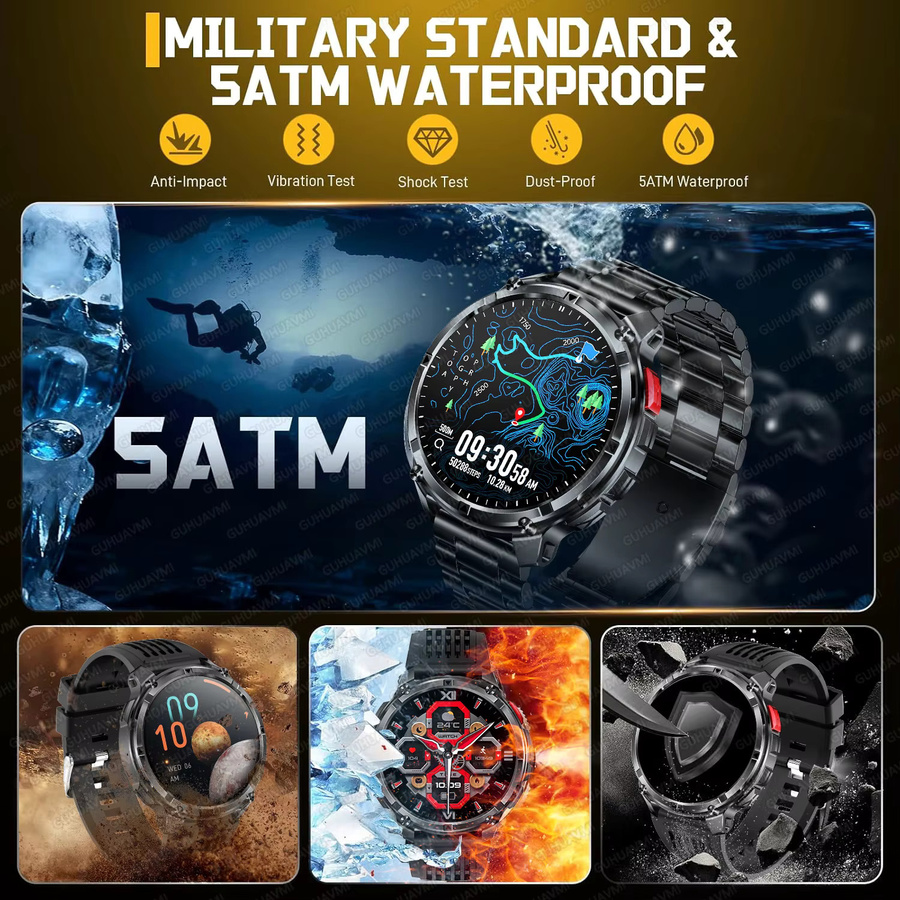 GUHUAVMI Militär-Smartwatch für Herren in Schwarz mit GPS, 5ATM Wasserdichtigkeit und Bluetooth-Anruffunktion sowie 1100mAh Akku - Bild 4