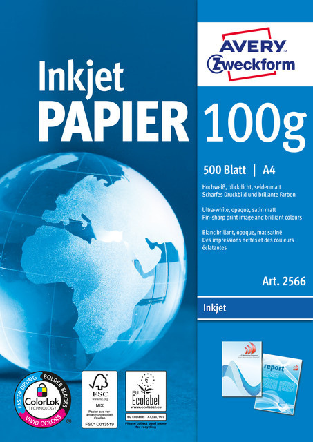 Avery Zweckform Bright White Inkjet Papier, Weiß, A4, 100 g/m2, 500 Blatt (2566) - Bild 1