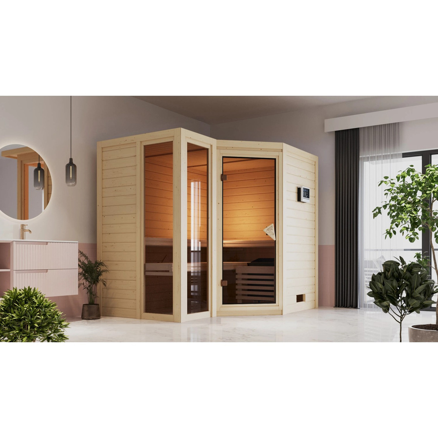 Karibu Sauna Amalia aus Fichtenholz in Natur mit 9,0 kW Ofen und integrierter Steuerung, B/T: 236 x 184 cm, Farbe: Braun - Bild 3
