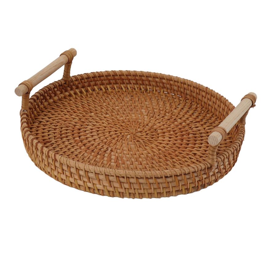 Rundes Rattan-Serviertablett von mfySpace mit Massivholzgriffen zur Präsentation von Obst und Brot - Bild 2