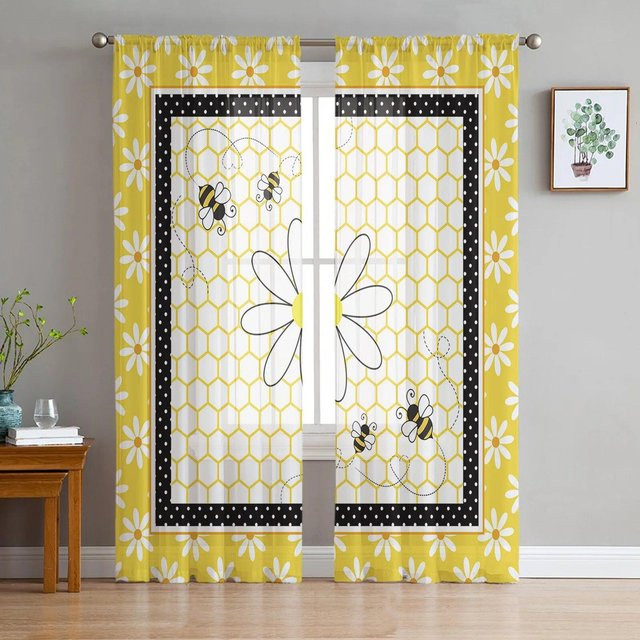 A Family Of Home Textiles Chiffon-Vorhang mit gelben Gänseblümchen und Bienen, transparent, B/H: 135 x 114 cm - Bild 1