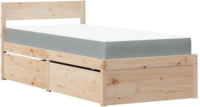 vidaXL Bett aus massivem Kiefernholz mit Schubladen und Matratze in rustikaler Optik, B/T/H: 90 x 200 x 95,5 cm - Bild 1