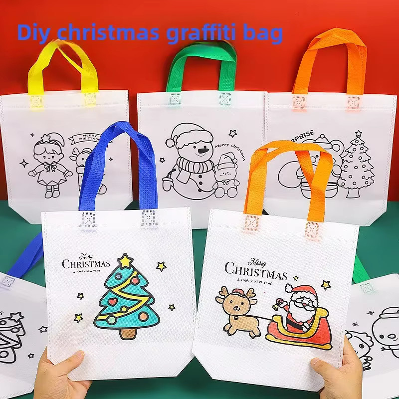 Trebalena Weihnachts-Einkaufstaschen zum Selbermachen aus Papier, Weiße Cartoon-Doodle-Geschenktüten für Kinder zum Gestalten und Bemalen - Bild 2