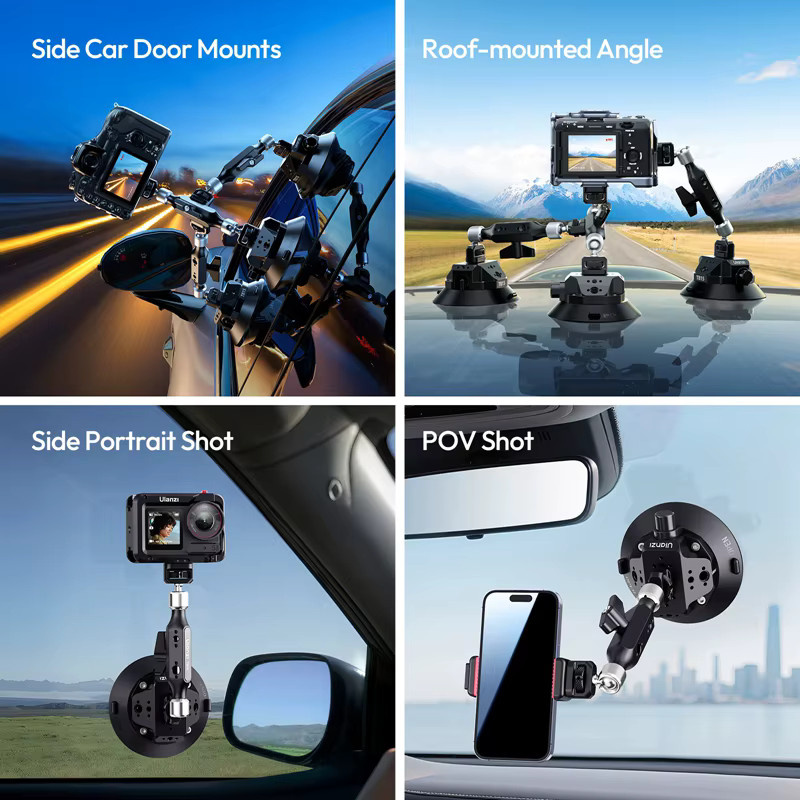 Ulanzi TB15 Kamera-Saugnapf-Autohalterung in Schwarz für GoPro, Insta360, DJI Action Kameras, Smartphones und DSLR mit 1/4 Zoll und 3/8 Zoll Gewinde sowie 360 Grad Verstellbarkeit - Bild 6