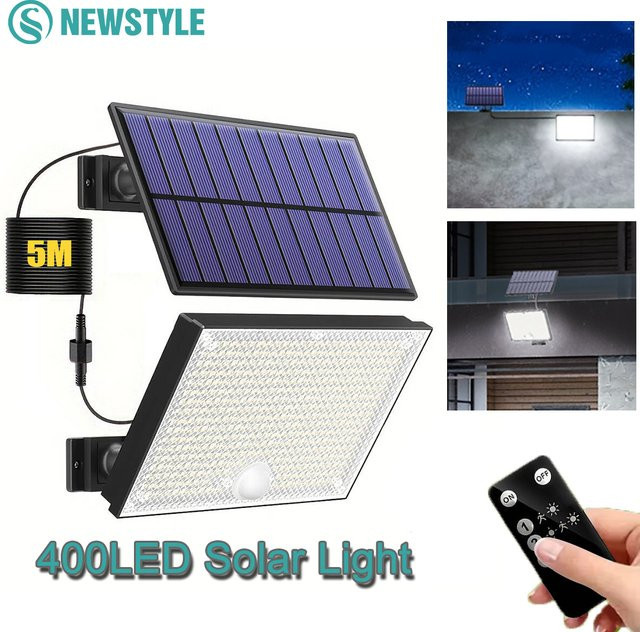 Solar-Sicherheitsleuchte mit 400 LED und Bewegungsmelder, wasserdichte Außenwandleuchte in Schwarz für den Garten, energiesparendes Flutlicht mit 3 Modi und kühlem Weißlicht - Bild 1