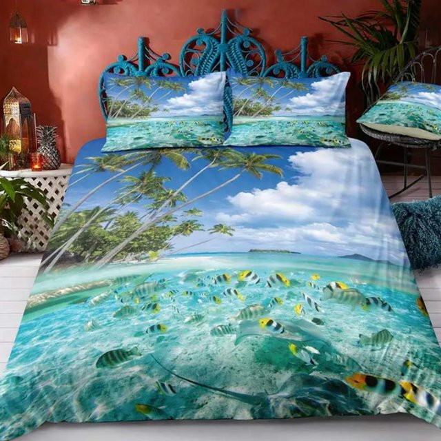 Queen Ocean Bettwäsche-Set mit Meeresleben und Palmen-Print, Blau, B/H: 140 x 210 cm - Bild 1