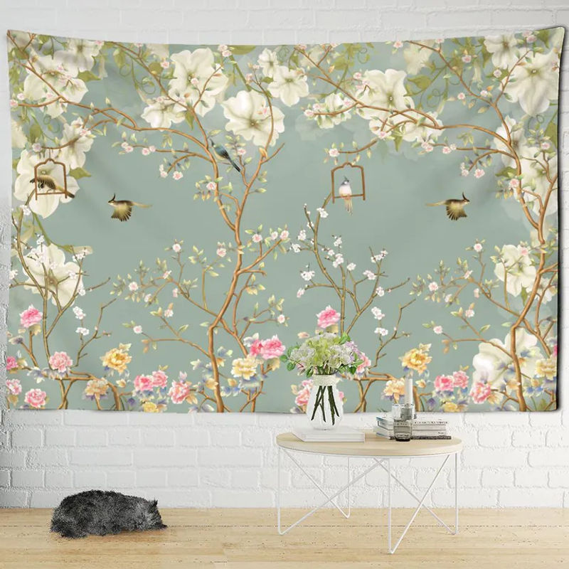 Super Six Wandbehang im Bohemian Stil mit Blumen und Vögeln in Grün, Textil-Wanddekoration, Breite: 95 cm, Höhe: 70 cm - Bild 3