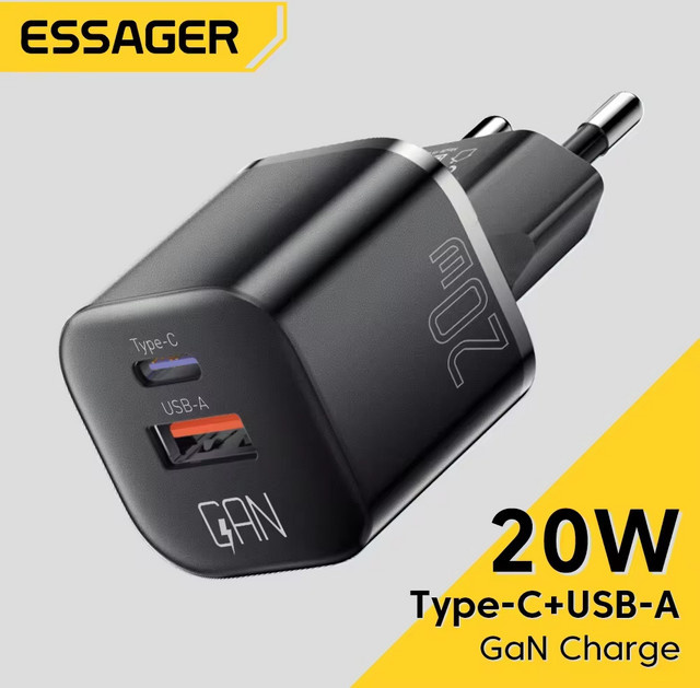 Essager 20W GaN USB Typ C Ladegerät mit PD und QC 3.0 Schnellladung in Schwarz - Bild 1