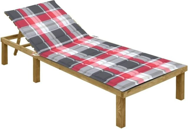 Furnicato Sonnenliege aus imprägniertem Kiefernholz mit roter Karomuster-Auflage und verstellbarer Kopfstütze - Bild 1
