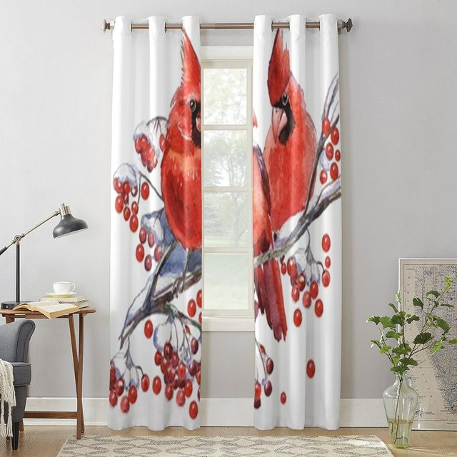 Moderne Fenstergardine mit Kardinal-Vogel-Motiv für Weihnachten, halbtransparentes Stoffvorhang aus Polyester in Grau, Breite: 135 cm, Höhe: 60 cm - Bild 1