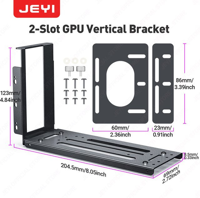 JEYI Vertikale Grafikkarten-Montagehalterung aus Aluminium in Schwarz, kompatibel mit PCIe 3.0/4.0/5.0-Verlängerungskabeln für 2/3 Steckplätze - Bild 1