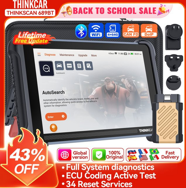 THINKCAR THINKSCAN 689BT CANFD DOIP OBD2-Diagnosetool in Schwarz mit 34 Reset-Funktionen, vollständiger System-ECU-Codierung und bidirektionalem Steuerungsscan - Bild 1