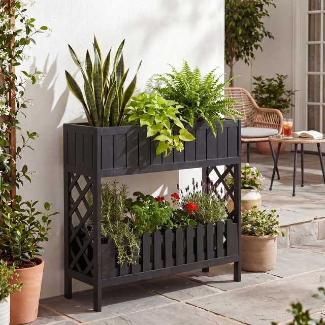 Hochbeet MCW-P83 aus Akazienholz als Blumenkasten und Pflanzregal für den Outdoor-Bereich, Farbe: Schwarz, B/T/H: 90 x 95 x 31 cm - Bild 1