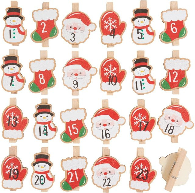 VBS Adventszahlen Frosty aus Holz in Multicolor mit Motiven wie Schneemann, Weihnachtsmann und Handschuhen als hängende Figuren für die Adventszeit - Bild 1