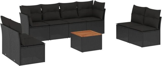 vidaXL 9-teilige Garten-Sofagarnitur aus Poly-Rattan und Akazienholz in Schwarz mit Kissen - Bild 1