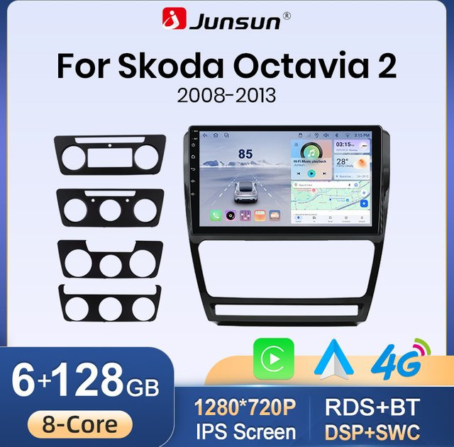 Junsun Wireless CarPlay und Android Auto Autoradio für Skoda Octavia 2 A5 2008-2013 mit GPS, WiFi, 4G, Bluetooth und IPS Touchscreen in Schwarz - Bild 1