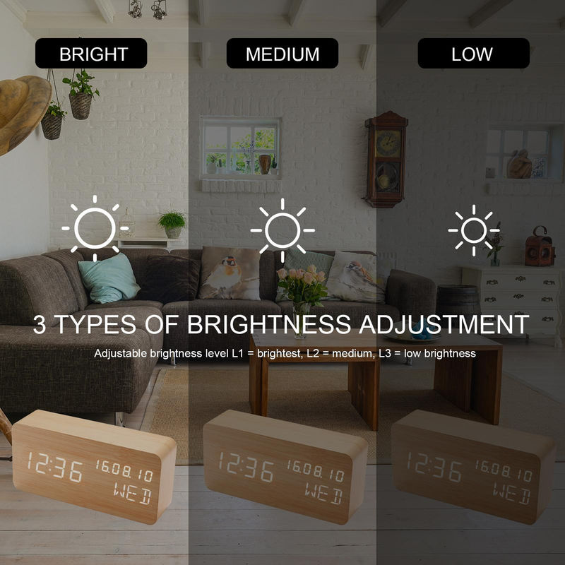 Digitaler Schreibtisch-Wecker aus Holz von Tooarts mit Sprachsteuerung, LED-Anzeige, Datum, Thermometer und Hygrometer in Beige - Bild 7