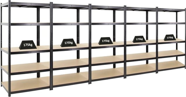 PROREGAL Schwerlastregal Taurus Set aus 5 Regalen, Schwarz, H x B x T: 180 x 90 x 60 cm, Fachlast 175 kg, mit verstellbaren Regalböden aus MDF und Metall - Bild 1