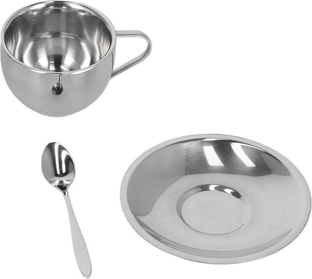 TOMTOP JMS 3-teiliges Kaffeetassen-Set aus Edelstahl in Silber, doppelwandig isoliert mit Untertassen und Löffeln - Bild 1