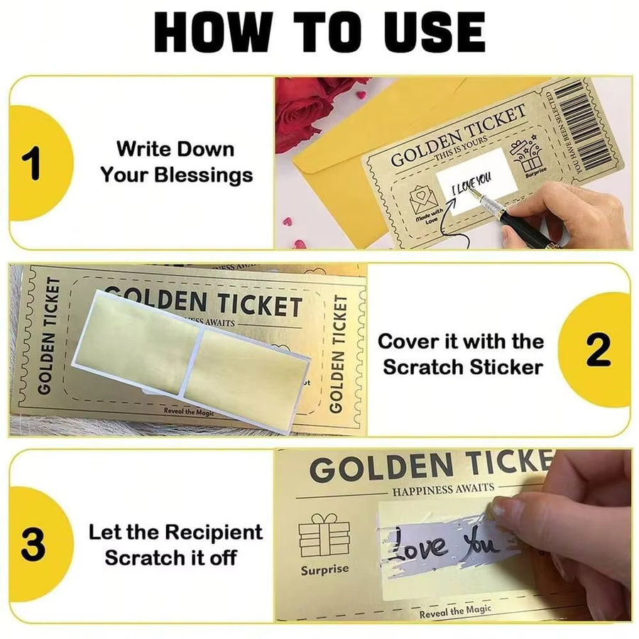 3er-Set Goldene Ticket Scratch Karten mit Umschlägen als Überraschungs-Geschenk für Erwachsene in Gold - Bild 2