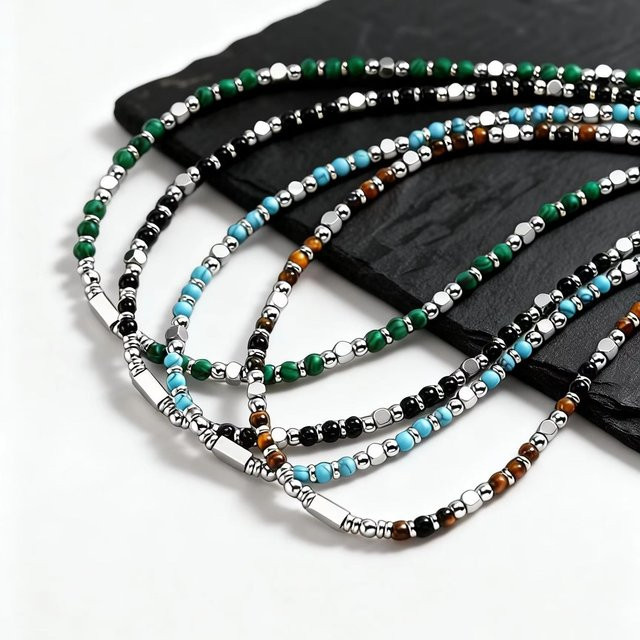 mprainbow Halskette Herren, Natursteinperlen, Edelstahl, Choker - Bild 1