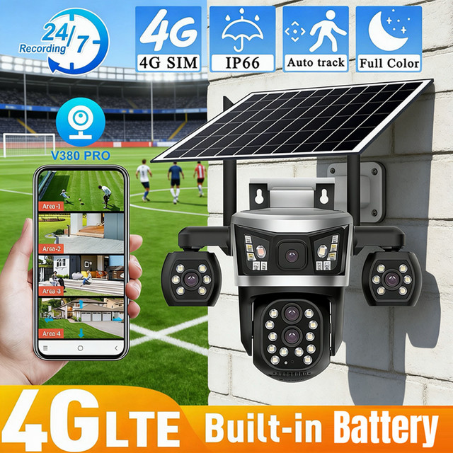 V380 4G SIM Solar-Sicherheitskamera für Außenbereich mit 4 Linsen, 16MP Optischer Zoom, Personenverfolgung und 360° PTZ Drahtlose Überwachung - Bild 1