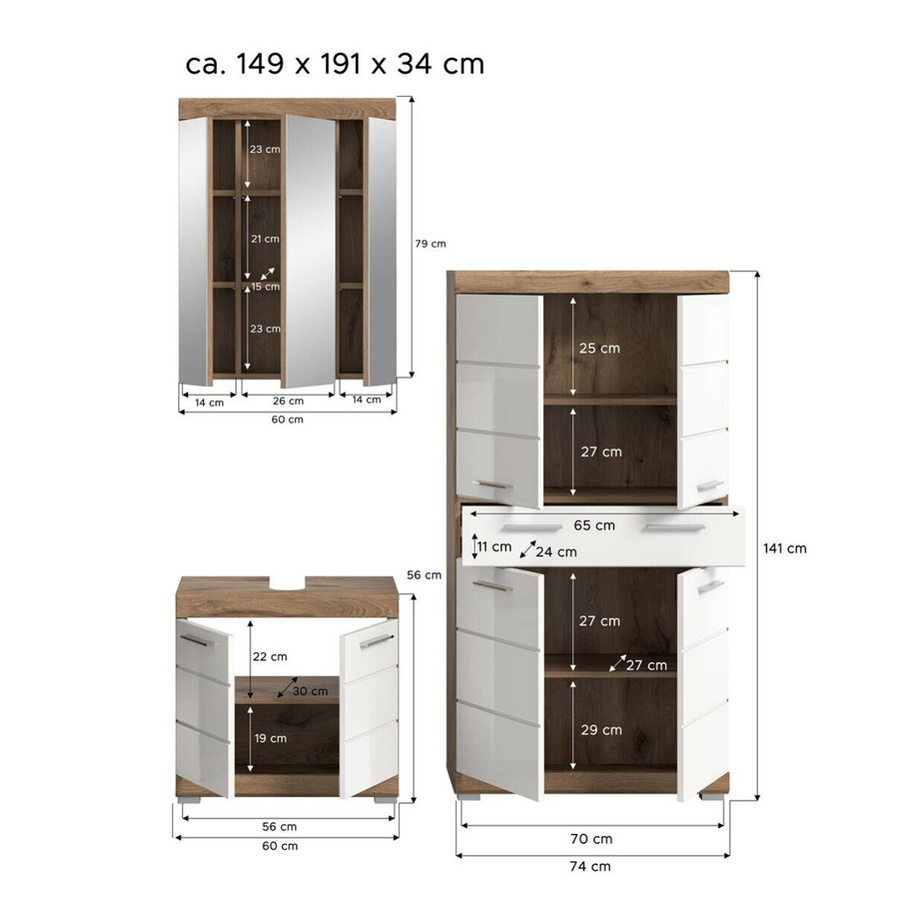 Badkombination Wave von xonox.home in Weiß Hochglanz und Nox Oak, 3-teiliges Badezimmer-Set mit Spiegelschrank, Waschtischunterschrank und Standschrank, B/H/T: 149 x 191 x 34 cm - Bild 3