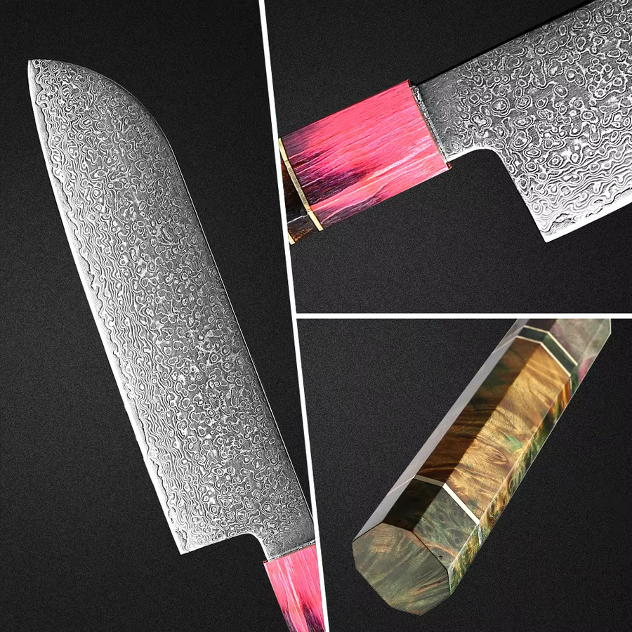 XITUO Santoku-Messer aus Damaszener Stahl mit achteckigem Holzgriff, 7 Zoll, Mehrfarbig - Bild 3