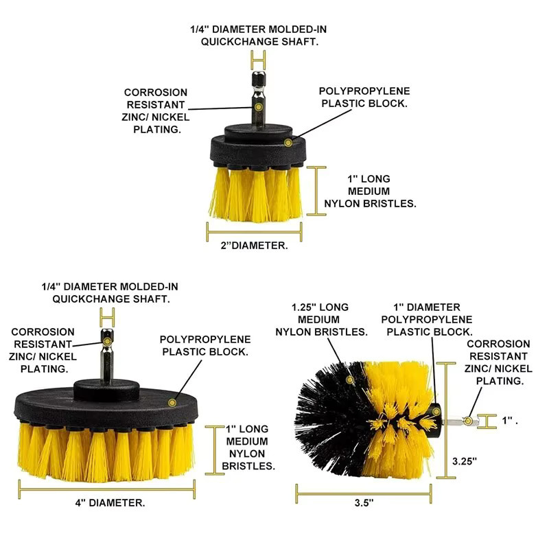 Untior 3-teiliges Set elektrische Reinigungsbürsten in Gelb mit runden Nylonbürsten für Teppich, Glas und Autoreifen - Bild 6