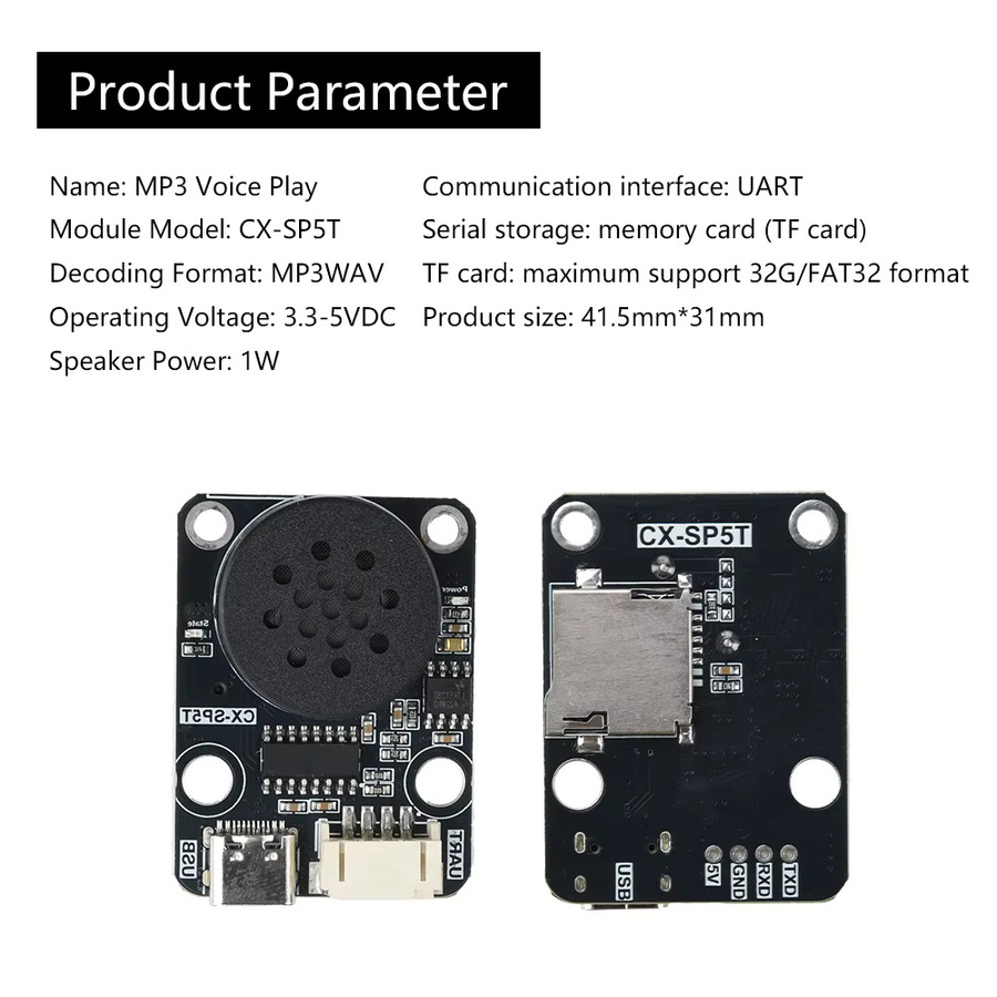 diymore CX-SP5T MP3-Sprachwiedergabemodul mit UART Serial Port Control und USB-C Anschluss in Schwarz - Bild 2