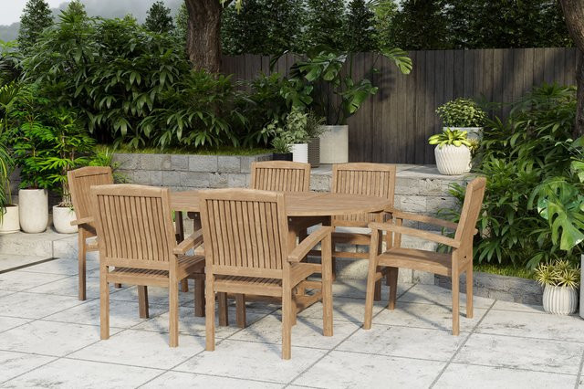 OUTFLEXX Dallas/Washington Garten-Essgruppe aus Teakholz in Natur mit 6 Stapelsesseln und ausziehbarer Tischplatte, Farbe: Braun, B/T/H: 120 x 120 x 75 cm bzw. 170 x 120 x 75 cm - Bild 1