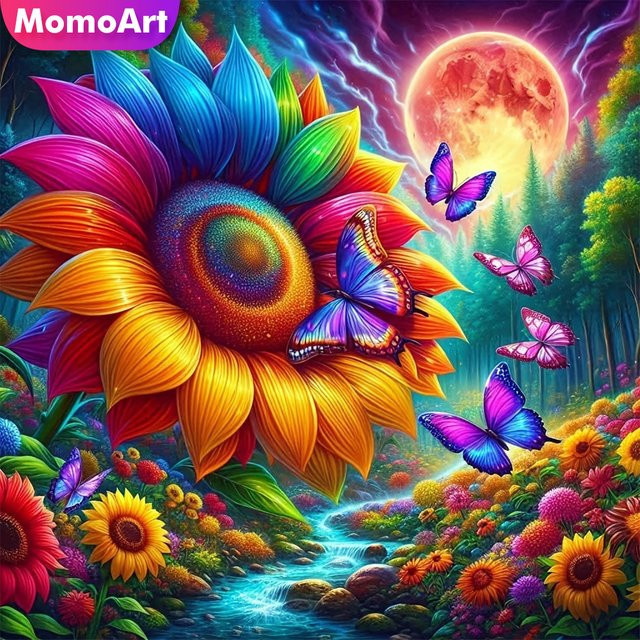 Momoart Diamantmalerei Sonnenblumen-Landschaft mit Schmetterling und Mond, 5D Diamant-Stickerei Mosaik Set, Mehrfarbig, B/T/H: 20 x 20 x 20 cm - Bild 1