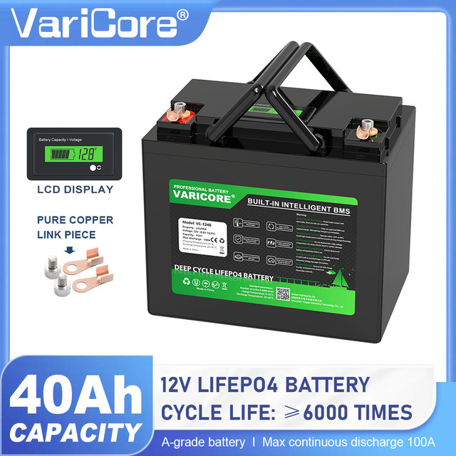 VariCore 12V 40Ah LiFePO4 Batterie mit prismatischen Klasse-A-Zellen in Schwarz für Solar-, Wohnmobil-, Elektrofahrzeug- und Off-Grid-Stromsysteme - Bild 1