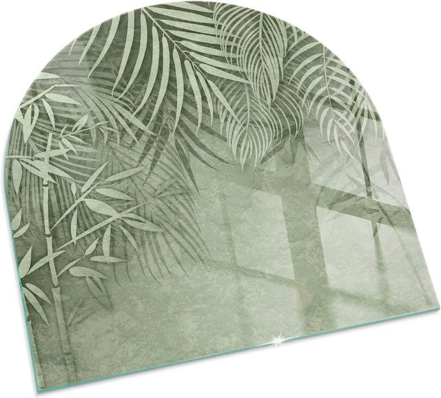 Tulup Glasplatte für Kamin mit tropischen Blättern im Hintergrund, Halbkreis, Grün, B x B: 100 x 100 cm - Bild 1