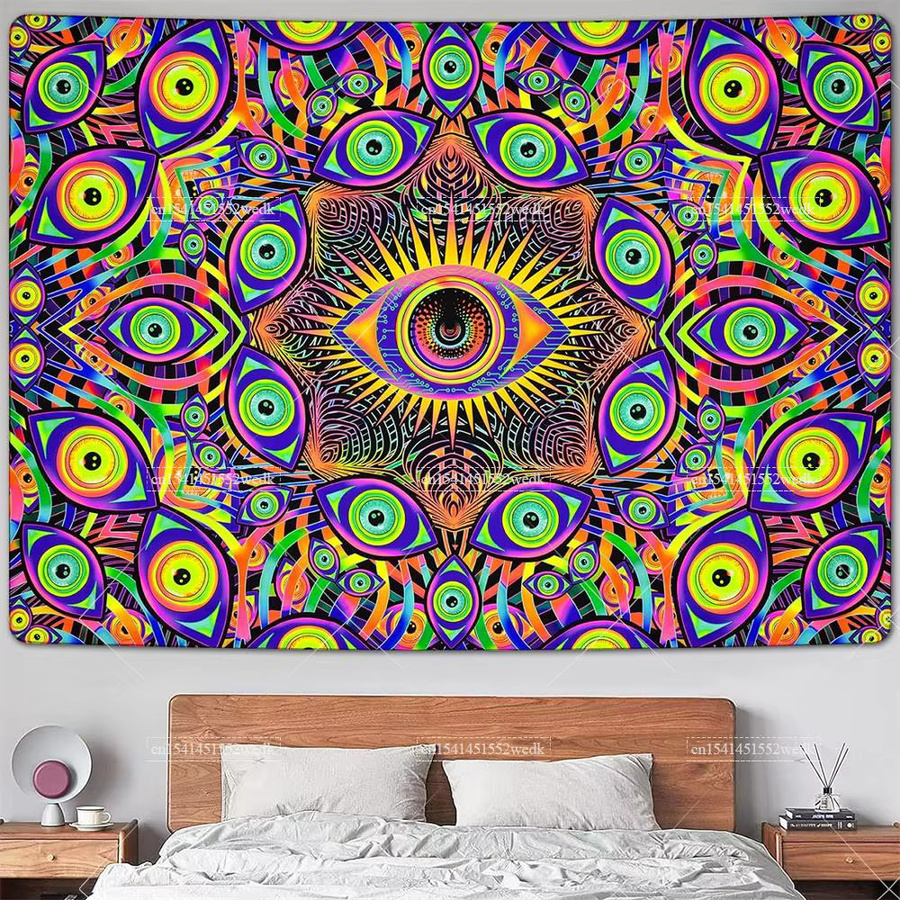 UV-reaktiver Boho Mandala Wandteppich von FFO in Schwarz und Multicolour, abstraktes geometrisches Design für dein Zimmer - Bild 3