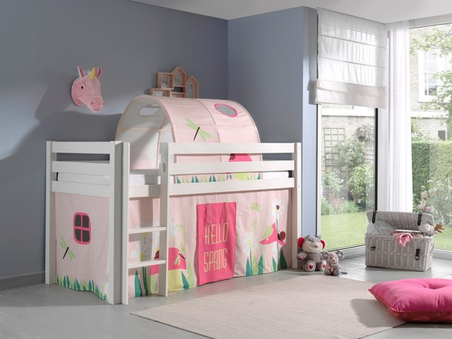 Vipack Spielbett Pino aus massiver Kiefer in Weiß mit Vorhang und Tunnel im Dessin Spring - Bild 1