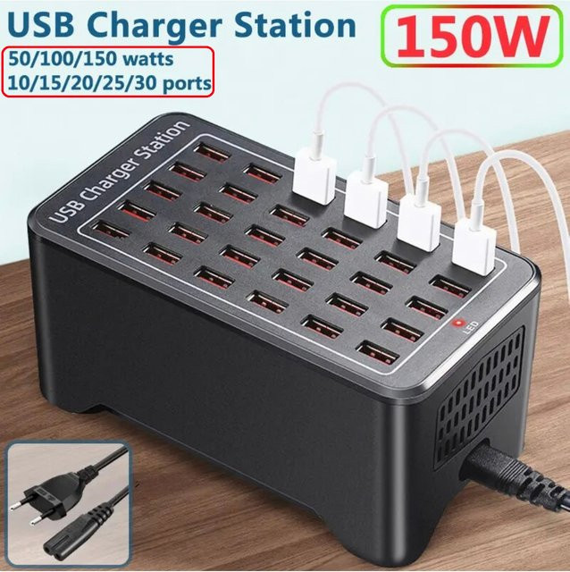 150W USB-Schnellladestation mit 15 25 oder 30 Ports für Wand und Tisch, USB-A und USB-C, Schwarz - Bild 1