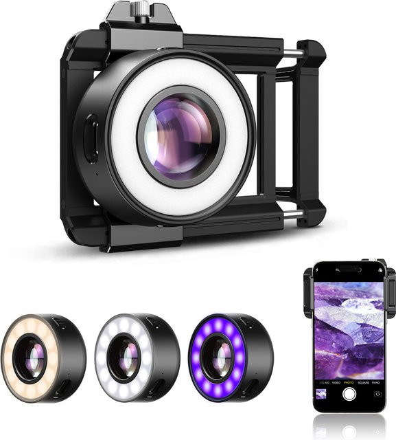 APEXEL Tragbare Handy-Mikroskoplinse 120X mit LED-Beleuchtung und Augenmuschel in Schwarz für iPhone und Android-Smartphones - Bild 1