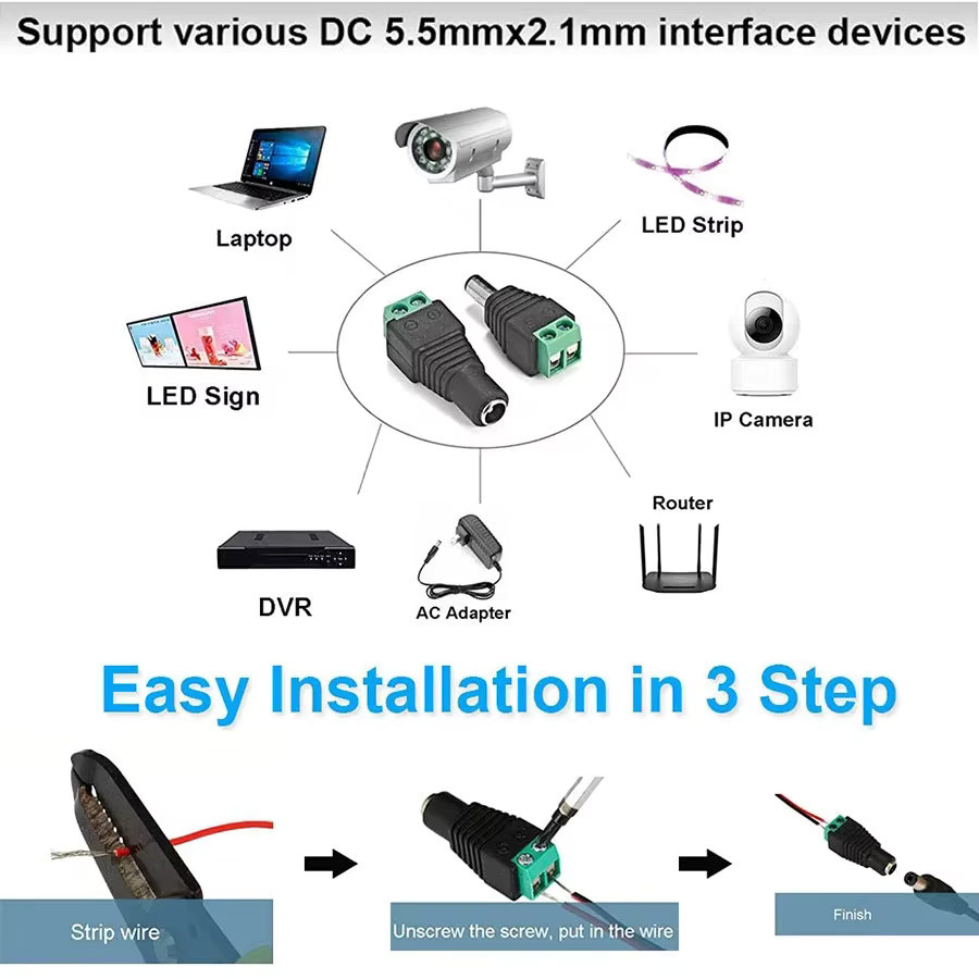 GGBEE DC 12V Power Stecker Adapter Set mit 5 Paar männlichen und weiblichen Anschlüssen 5,5x2,1mm in Schwarz für LED Streifen und CCTV Kameras - Bild 3