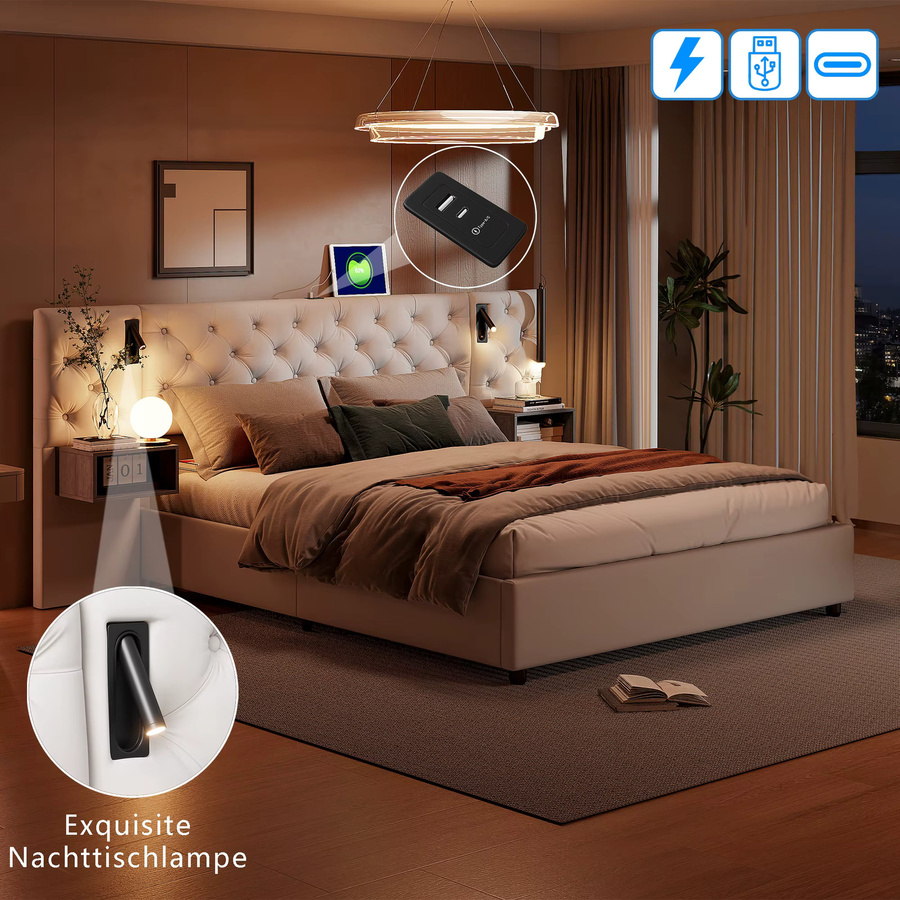 FANGANGE Samtbett in Beige mit Stauraum, gepolstertes Bettgestell mit extra breitem Kopfteil, integrierten Nachttischen, Leselampen und hydraulischer Lift-up-Basis, B/T/H: 160 x 200 cm - Bild 2