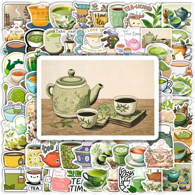 Wasserfeste Vinyl-Sticker mit Vintage Teekultur Illustrationen in Mehrfarbig für Scrapbook, Laptop und Wasserflaschen - Bild 1