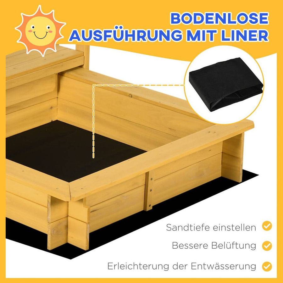 Outsunny Sandkasten aus Holz mit Dach und Spielhaus in Natur, B/H/L: 129 x 137,5 x 133 cm - Bild 2