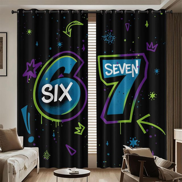 Tonnika Chen Set aus 2 blauen Verdunkelungsvorhängen mit Sechs-Sieben-Elementen-Druck aus Polyester, B: 100 cm, H: 70 cm - Bild 1