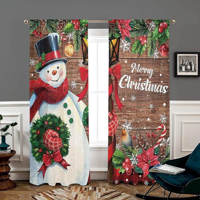 2er-Set Schneemann Weihnachten Vorhänge mit Holz-Design in Schwarz und Multicolour, halbtransparent, B: 150 cm, H: 166 cm - Bild 1